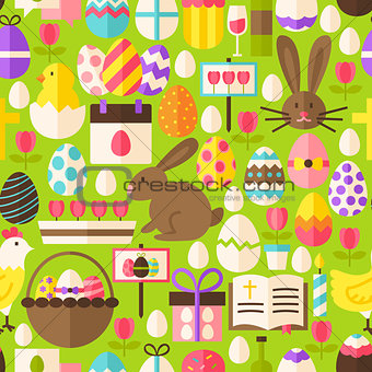 Happy Easter Vector Flat Design Green Seamless Pattern