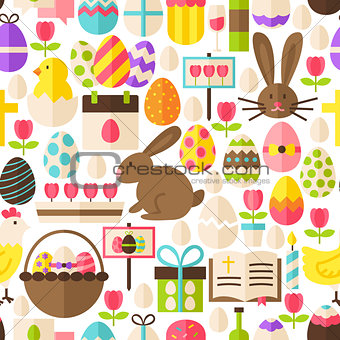 Happy Easter Vector Flat Design White Seamless Pattern
