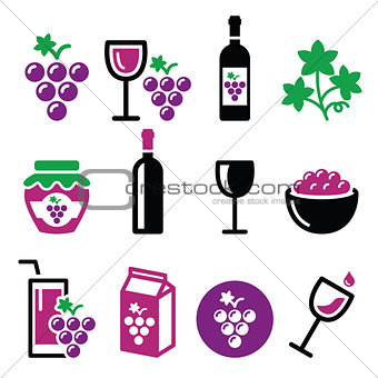 Grapes, wine - food and beverages icons set