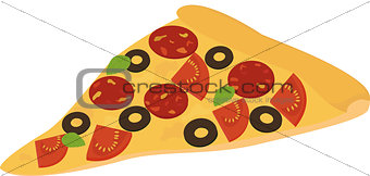slice of pizza with salami, pepperoni, tomato and olive