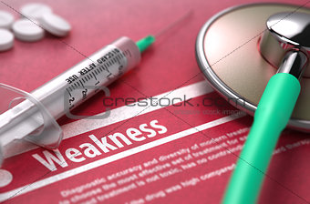 Weakness. Medical Concept on Red Background.