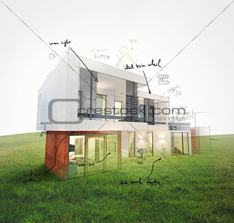 Home project on lawn 3d rendering