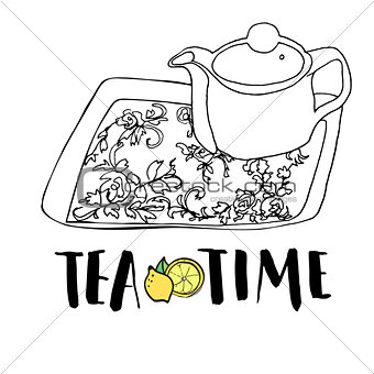 Graphic hand drawn tea set, teapot and tea tray with floral ornament