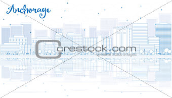 Outline Anchorage skyline with blue buildings.