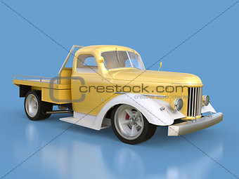 Old restored pickup. Pick-up in the style of hot rod. 3d illustration. Golden-white car on a blue background.