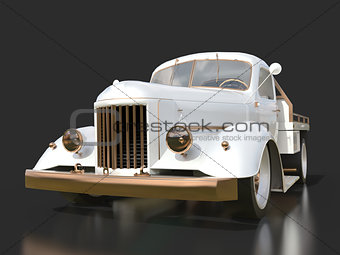 Old restored pickup. Pick-up in the style of hot rod. 3d illustration. White car on a black background.