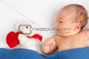Cute newborn baby with a teddy bear under a blanket