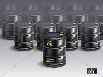 big group of black new oil barrels. vector