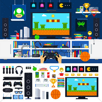Gamer room interior with gadgets