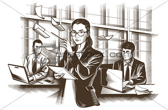 Business partners discussing documents and ideas at meeting. Engraved Vector