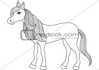 Charming cartoon horse with long golden mane and tail, coloring book page