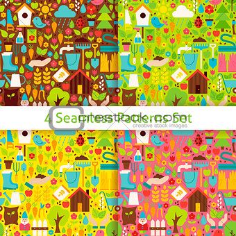 Four Flat Spring Garden Seamless Patterns Set