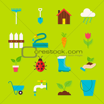 Spring Garden Flat Objects Set with Shadow