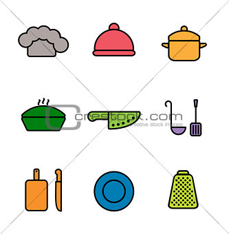 Vector kitchen, restaurant and culinary icons. Chef cap, cloche, pan, knife, laddle, grating board, saucepan, plate