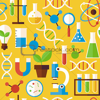 Flat Seamless Pattern Science and Research Objects over Yellow