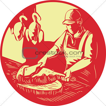 Chinese Cook Chop Meat Oval Circle Woodcut