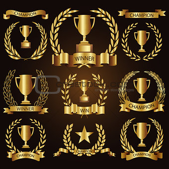 Trophy awards golden badges and labels collection