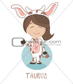 Cute cartoon vector character. Children horoscope icon, funny little girl in a cow costume as a taurus.