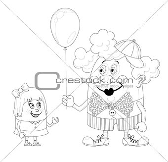 Circus clown with balloon and girl, contour