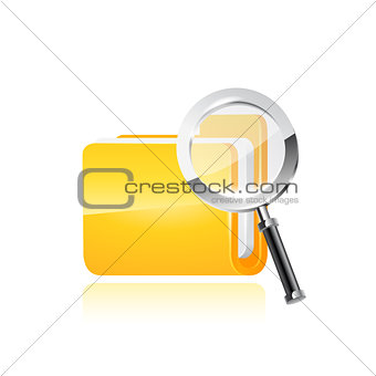 Yellow folder icon and magnifying glass. Vector