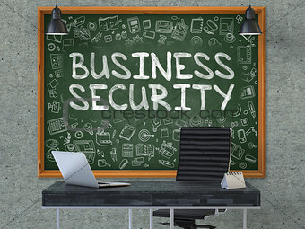 Business Security on Chalkboard with Doodle Icons.