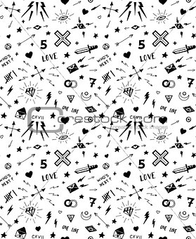 Vector pattern with old school tattoo elements. Black and white.