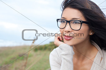 Thoughtful Chinese Asian Woman Girl Wearing Glasses