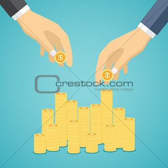 Business hands put coin to money staircase.
