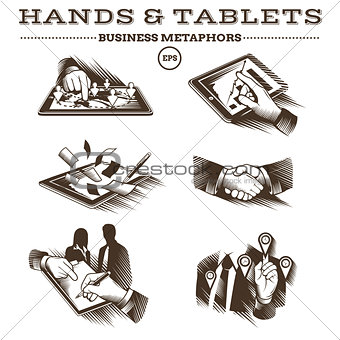 Hands and Tablets. Engraved Vector