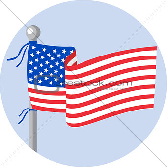 USA Flag Stars and Stripes on Flagpole Circle Cartoon