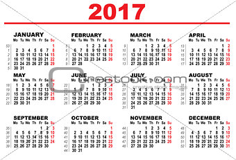 Wall Calendar 2017. First day Monday