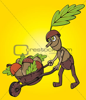 cartoon oak tree mascot pushing handcart with accorns autumn leaves season