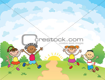 children are jumping on the glade, bunner cartoon funny vector, Template advertising brochure. Ready for your message. blank template  character. illustration