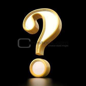 Gold question mark. Isolated on black background. 3d rendering.