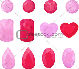Set of pink and  red jewels. Colorful gemstones. Rubies isolated  on white