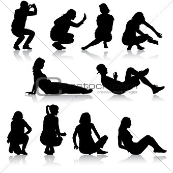 Silhouettes of people in positions lying and sitting. Vector illustration.