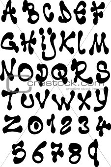 fat liquid font and number alphabet over white