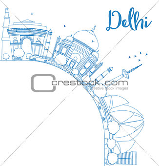 Outline Delhi skyline with blue landmarks and copy space.