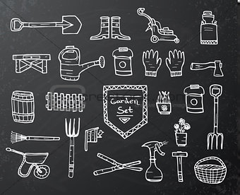 Collection of garden elements on black chalkboard 