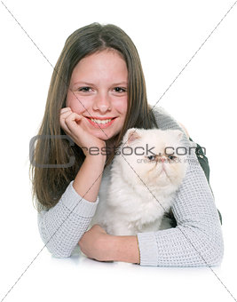 white persian cat and teenager