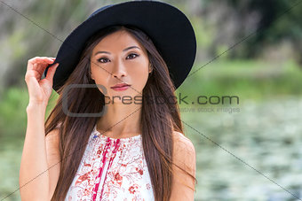 Thoughtful Chinese Asian Young Woman Girl Wearing Black Hat