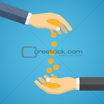 Hand throwing coins to another hand