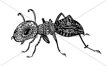 Vector illustration - Ant. Line art doodle art. Coloring Books for adults, anti-stress. Black white colored.