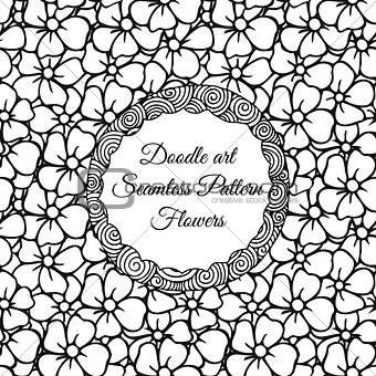 Doodle art. Abstract seamless pattern with flowers. Vector illustration. Coloring books. Black white.