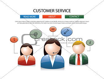 Male female call center avatar icons a faceless man and woman wearing headsets with colorful speech bubbles conceptual of client services communication