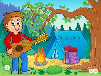 Boy guitar player in campsite theme 2