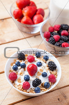 Healthy and nutritious yogurt with cereal and fresh raw berries