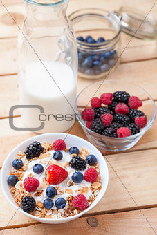 Healthy and nutritious yogurt with cereal and fresh raw berries