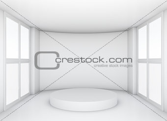 Pedestal in white clean room with windows