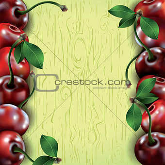 Many cherries on wooden texture background. 